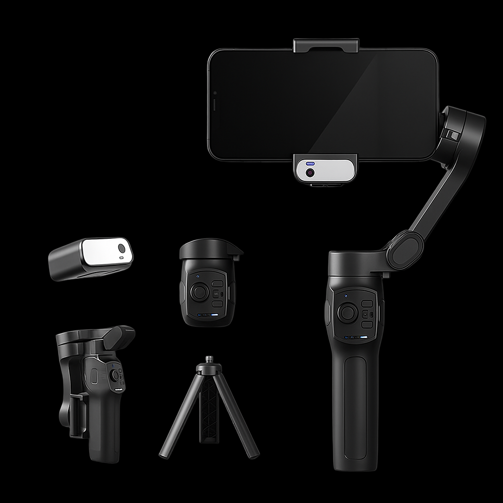 L9 lite smartphone gimbal with accessories on a black background