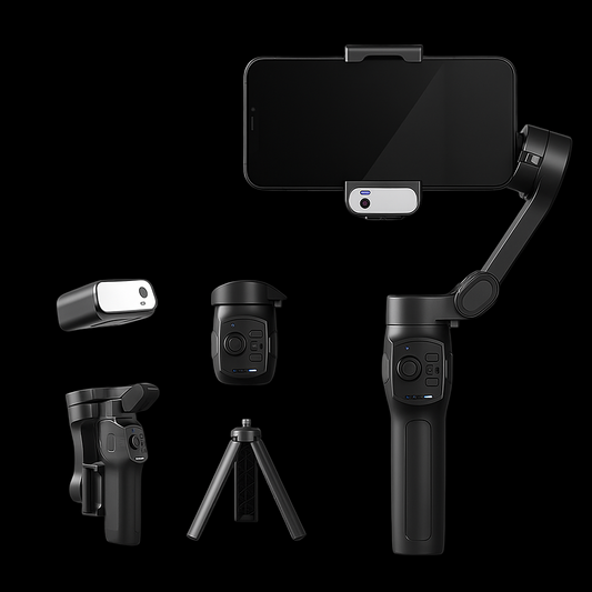 L9 lite smartphone gimbal with accessories on a black background